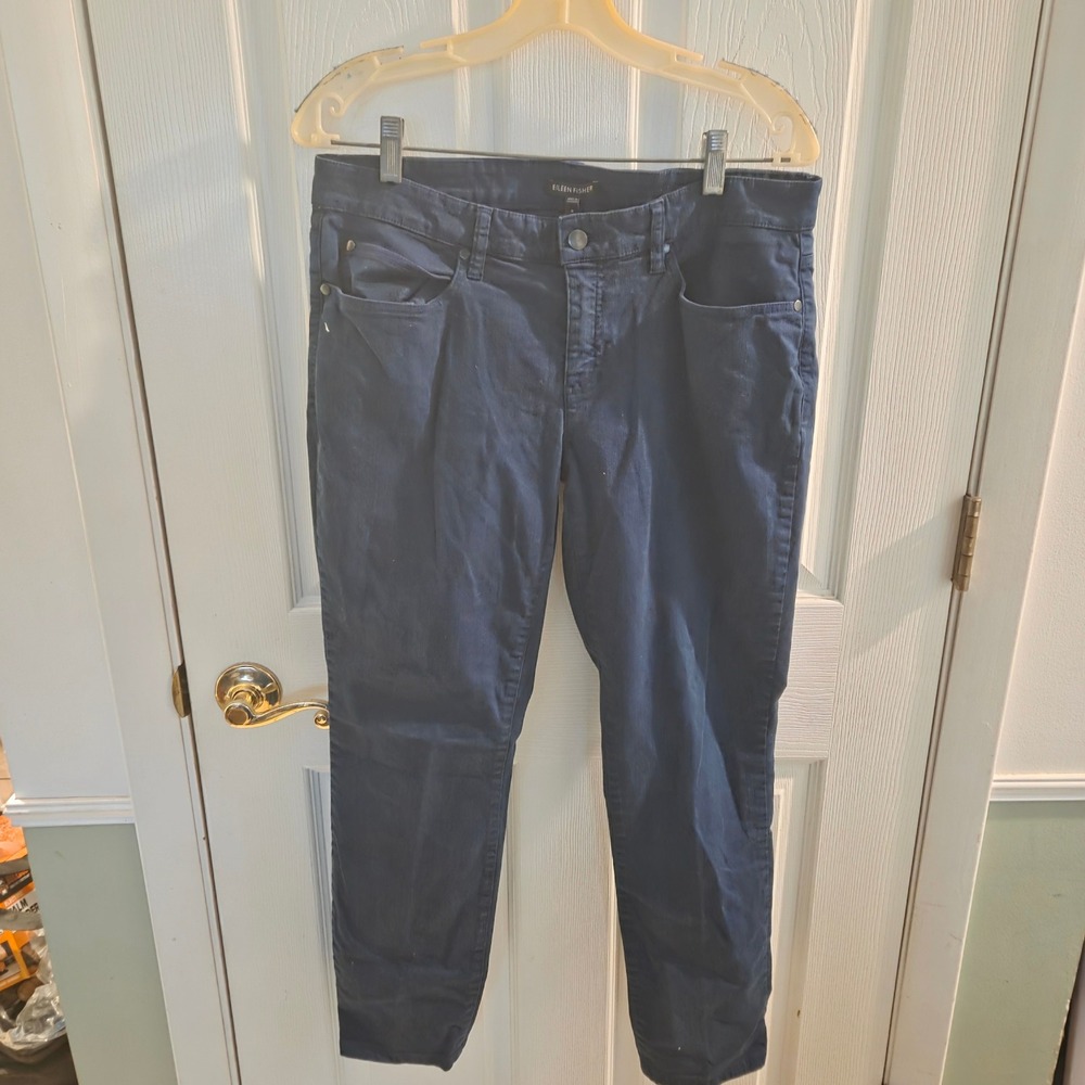 Eileen Fisher Navy Blue Organic Cotton Stretch Straight Leg Pants F2GDD Size 8